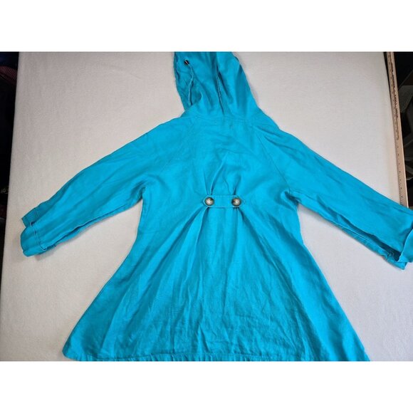 For Cynthia Womens Teal Hooded Button-Up Jacket M 100% Linen Lagenlook - Picture 4 of 5